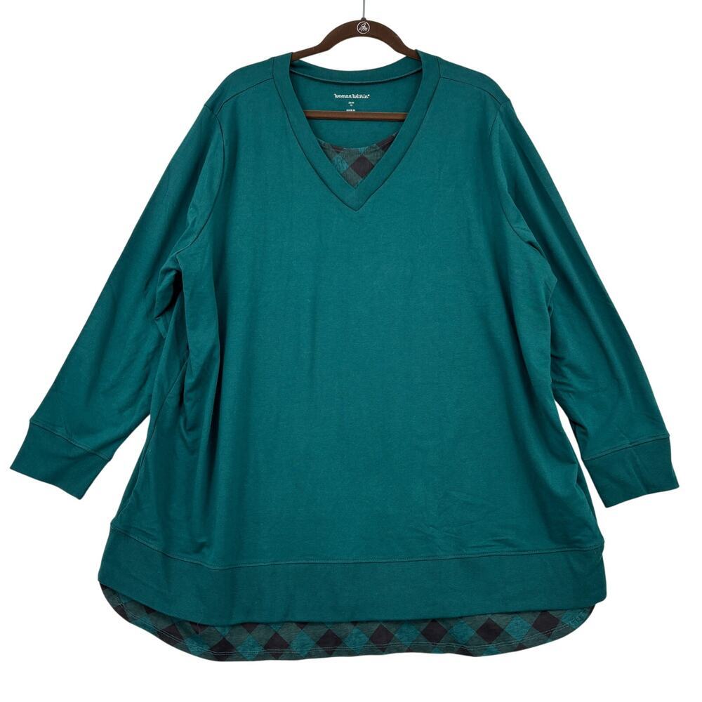 Woman Within Tunic Top Size 22/24 Green Stretch Plaid Layered Look Long‎ Sleeve